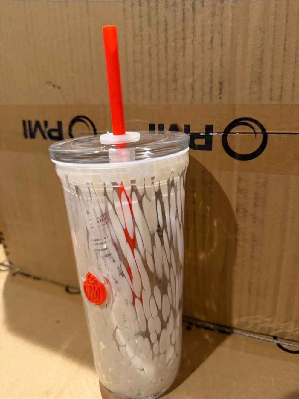 Starbucks White Speckle Acrylic Tumbler with Orange Straw and Pumpkin Accent